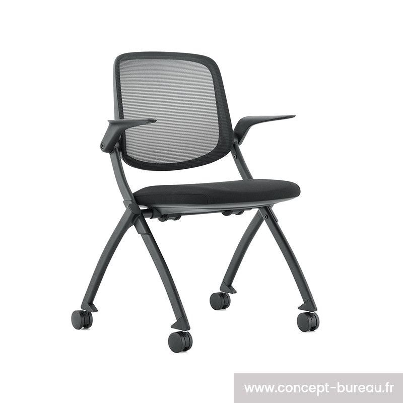 Fauteuil visiteur empilable sur roulettes en tissu noir