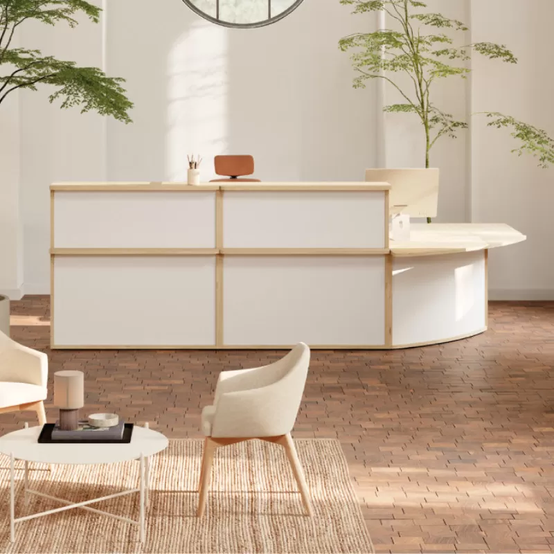 Comptoir d’accueil avec PMR LUNA, grande banque d’accueil design accessible aux personnes à mobilité réduite